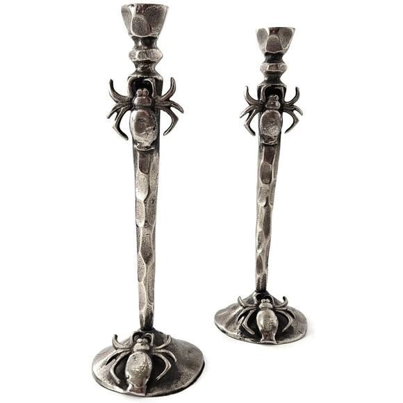 Gothic Halloween Spider Candle Holder Pair Black Metal Spooky Taper Candle Decor - Picture 3 of 12